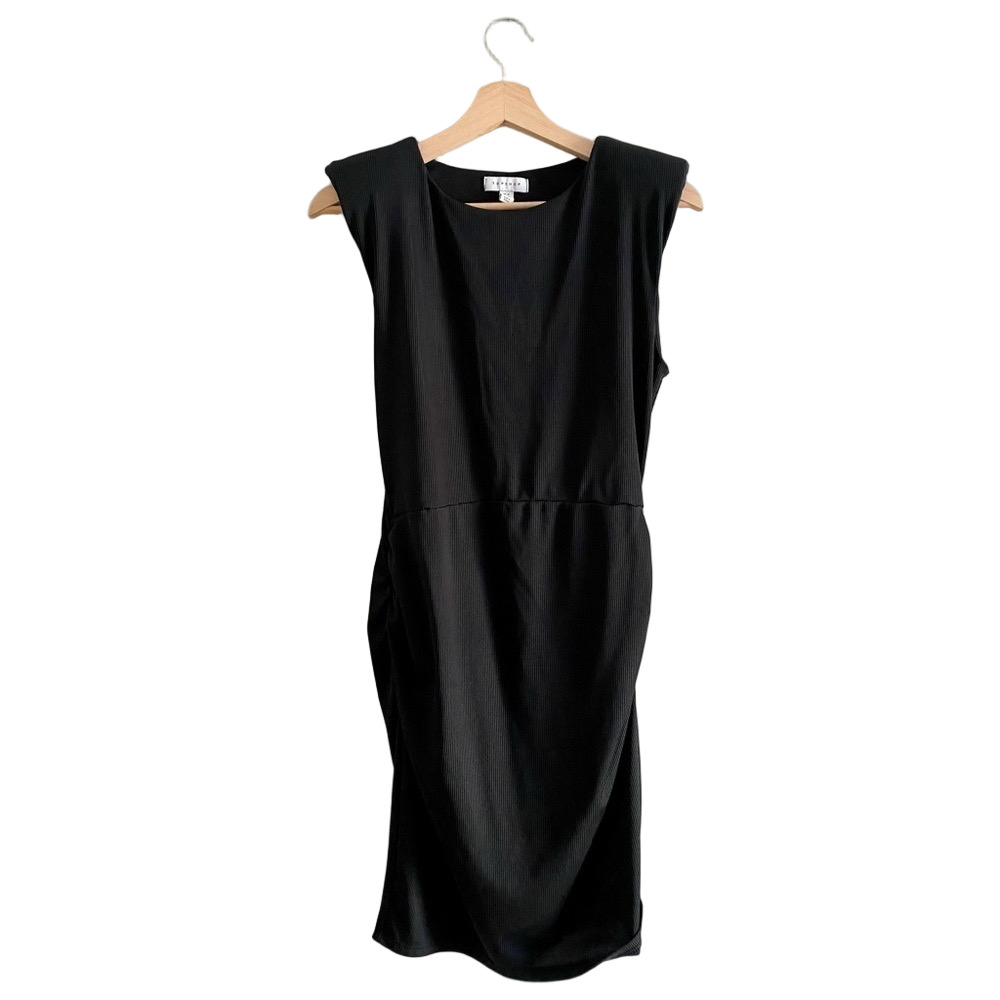 Topshop | Ruched Shoulder Pad Black Sleeveless Dress | Size 8 - Picture 3 of 11
